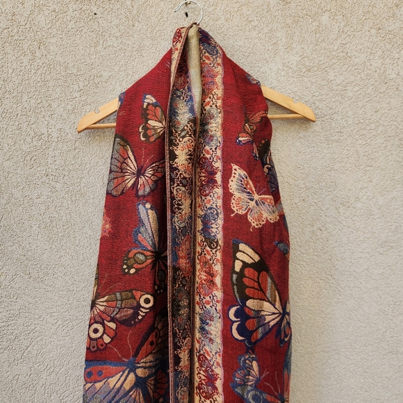 Butterfly Scarf Burgundy Beige Wrap Shawl Fringe 26 x 64 - Picture 5 of 7